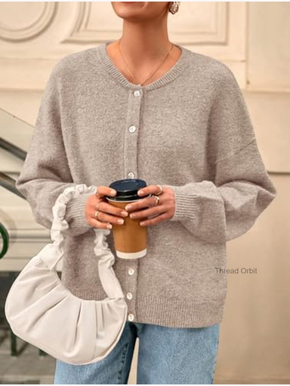 Lightweight Loose Fit Cardigan Crewneck Button Down Long Sleeve Sweater - Picture 6 of 7
